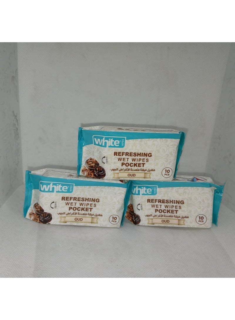 مناديل مبللة بيضاء منعشة برائحة العود مناديل | حجم الجيب مناسب للتنقل- 3قطع